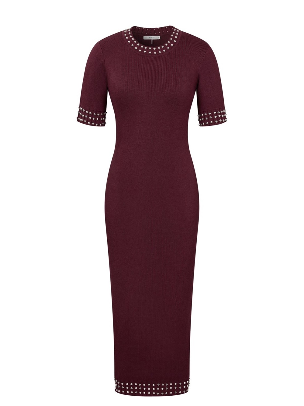 Burgundy Stud-Embellished Short-Sleeve Midi Knit Dress - Picture 4 of 6